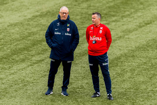 Lars Lagerbäck, head coach of Norway, and Per Joar Hansen,
