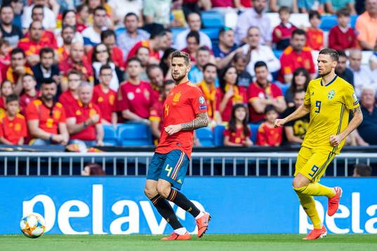 Inigo Martínez of Spain and Marcus Berg of Sweden
