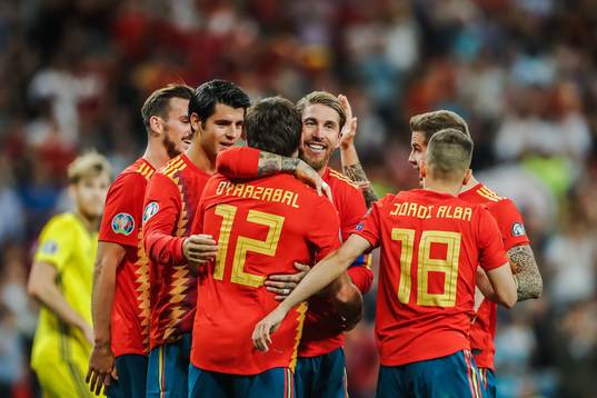 Jordi Alba and Sergio Ramos of Spain celebrate with