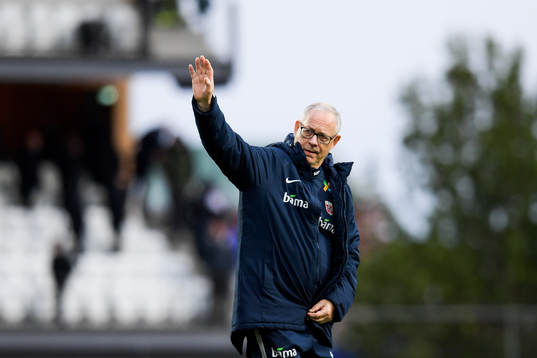 Lars Lagerbäck, head coach of Norway, celebrates