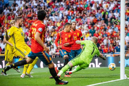 Rodrigo of Spain scores 1-0 which was later disallowed as