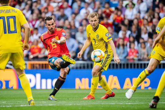 Fabián Ruiz of Spain and Sebastian Larsson of Sweden