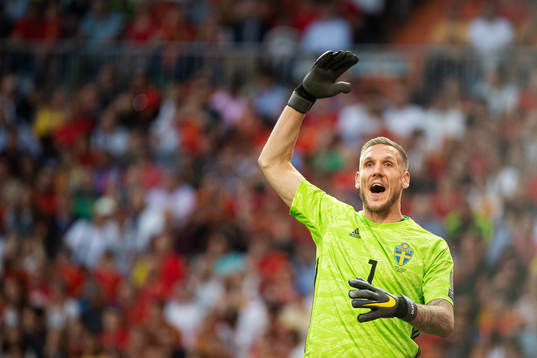 Goalkeeper Robin Olsen of Sweden reacts
