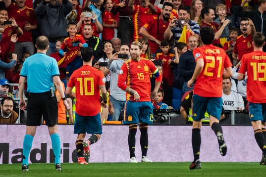 Sergio Ramos of Spain celebrate with teammates