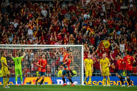 Mikel Oyarzabal of Spain celebrate with teammates
