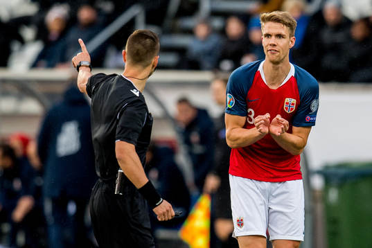 Kristoffer Ajer of Norway reacts