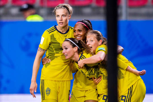 Lina Hurtig, Madelen Janogy and Kosovare Asllani of Sweden