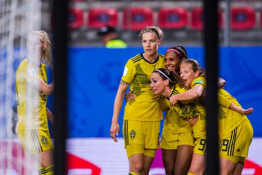 Lina Hurtig, Madelen Janogy and Kosovare Asllani of Sweden