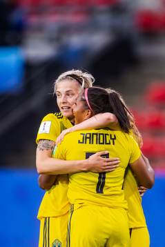 Lina Hurtig and Madelen Janogy of Sweden celebrate