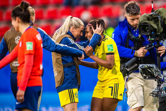 Olivia Schough and Madelen Janogy of Sweden celebrate