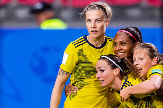 Lina Hurtig, Madelen Janogy and Kosovare Asllani of Sweden
