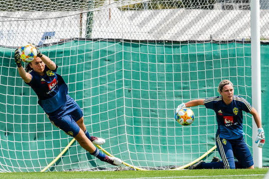 Goalkeepers Zecira Musovic and Jennifer Falk of Sweden