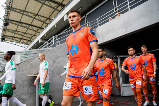 Daníel Grétarsson of Aalesund enters the pitch
