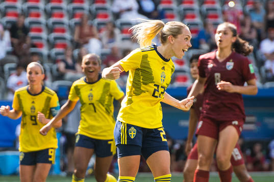 Elin Rubensson of Sweden celebrates scoring 5-1