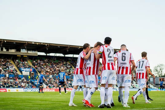 Robert Taylor of Tromsø celebrates with teammates