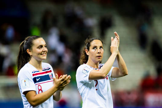 Vilde Bøe Risa and Ingrid Moe Wold of Norway celebrate