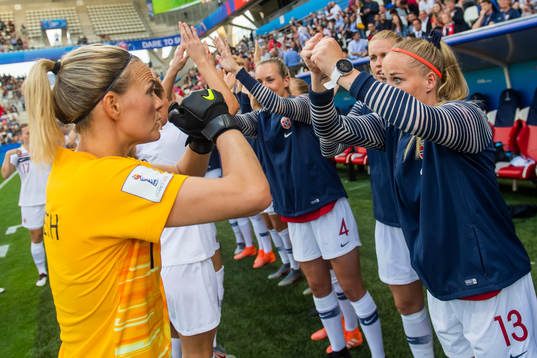 Goalkeeper Ingrid Hjelmseth and Therese Sessy Åsland of