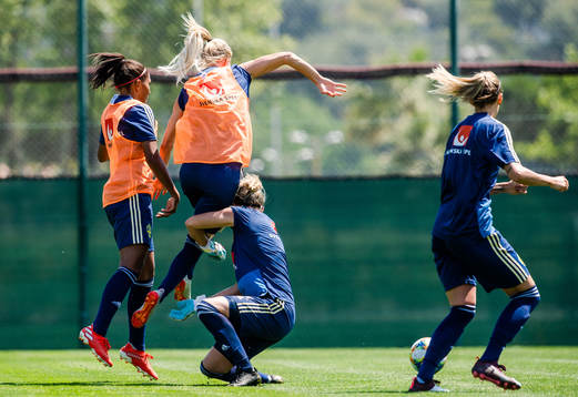 Sofia Jakobsson and goalkeeper Jennifer Falk of Sweden