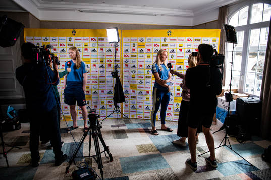 Goalkeeper Hedvig Lindahl and Stina Blackstenius of Sweden