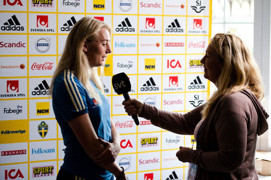 Stina Blackstenius of Sweden with SVT reporter Jane Björck