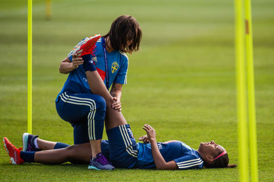 Madelen Janogy of Sweden receives treatment