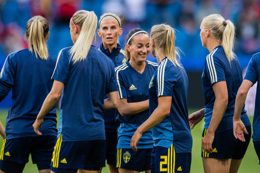 Sofia Jakobsson and Kosovare Asllani of Sweden