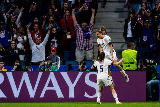 Tobin Heath and Kelley O'Hara of USA celebrates 0-2