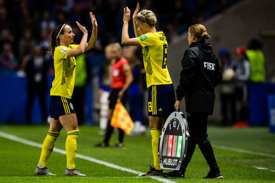 Kosovare Asllani and Lina Hurtig of Sweden