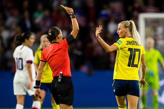 Sofia Jakobsson gets a yellow card