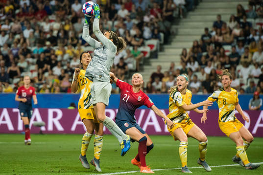 Sam Kerr, goalkeeper Lydia Williams of Australia and Karina