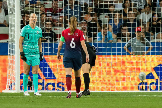 Goalkeeper Ingrid Hjelmseth of Norway reacts