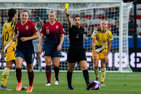 Vilde Bøe Risa of Norway gets a yellow card