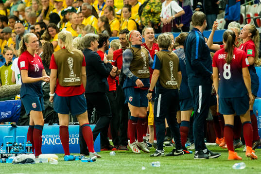 Therese Sessy Åsland and Caroline Graham Hansen celebrate