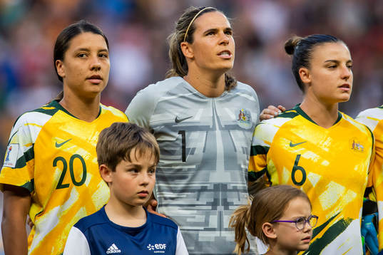 Sam Kerr, goalkeeper Lydia Williams and Chloe Logarzo of