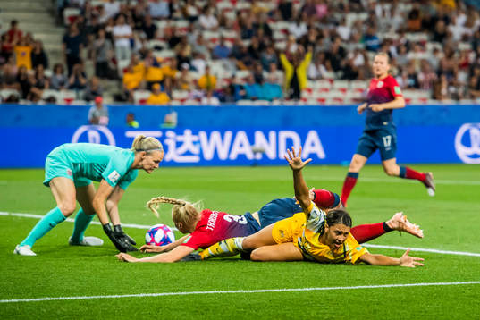 Sam Kerr of Australia reacts next to goalkeeper Ingrid