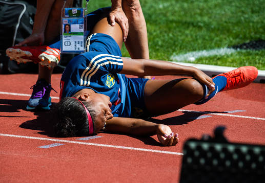 Madelen Janogy of Sweden receives treatment