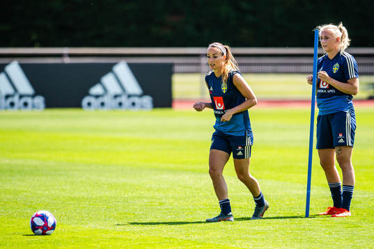 Kosovare Asllani and Stina Blackstenius of Sweden
