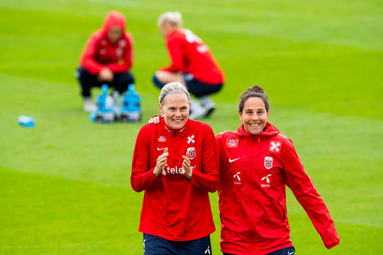 Goalkeeper Ingrid Hjelmseth and Ingrid Moe Wold of Norway