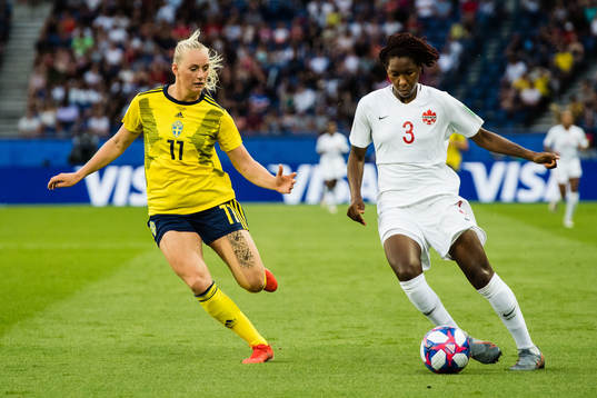 Stina Blackstenius of Sweden and Kadeisha Buchanan of Canada