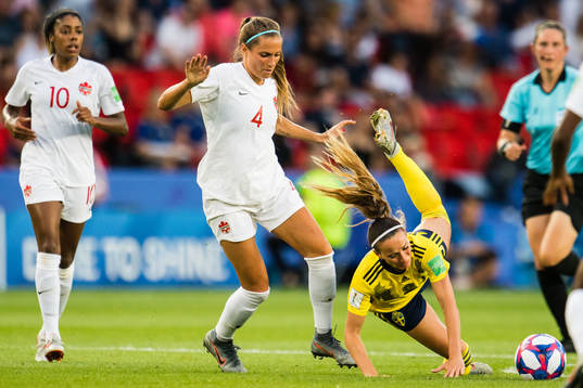 Shelina Zadorsky of Canada and Kosovare Asllani of Sweden