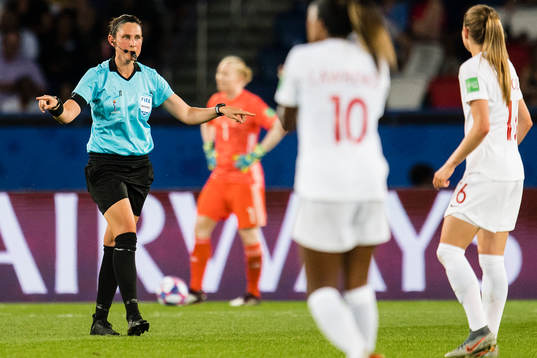Referee Kate Jacewicz shows VAR