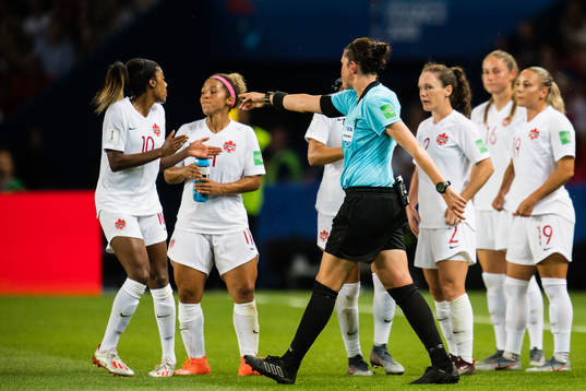 Referee Kate Jacewicz judges penalty