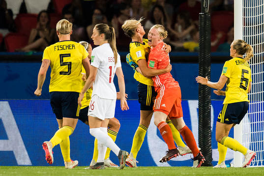 Goalkeeper Hedvig Lindahl of Sweden celebrates saving a