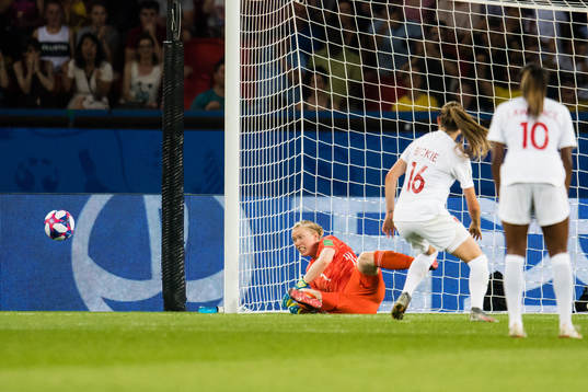 Goalkeeper Hedvig Lindahl of Sweden saves a penalty