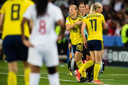 Anna Anvegård and Stina Blackstenius of Sweden