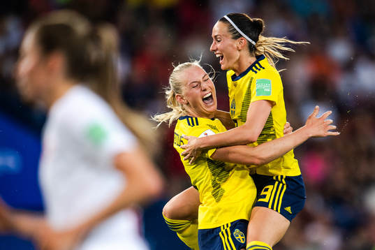 Kosovare Asllani and Stina Blackstenius celebrate  the 1-0