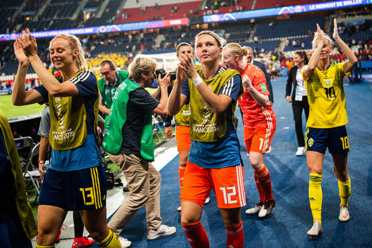 Amanda Ilestedt and goalkeeper Jennifer Falk of Sweden