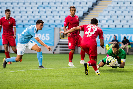 Malmö FFs Marcus Antonsson med skott mot Goricas målvakt