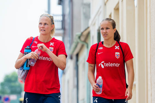 Goalkeeper Ingrid Hjelmseth and Guro Reiten of Norway