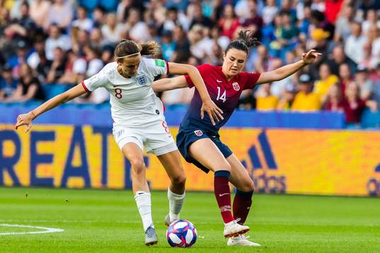 Jill Scott of England and Ingrid Syrstad Engen of Norway